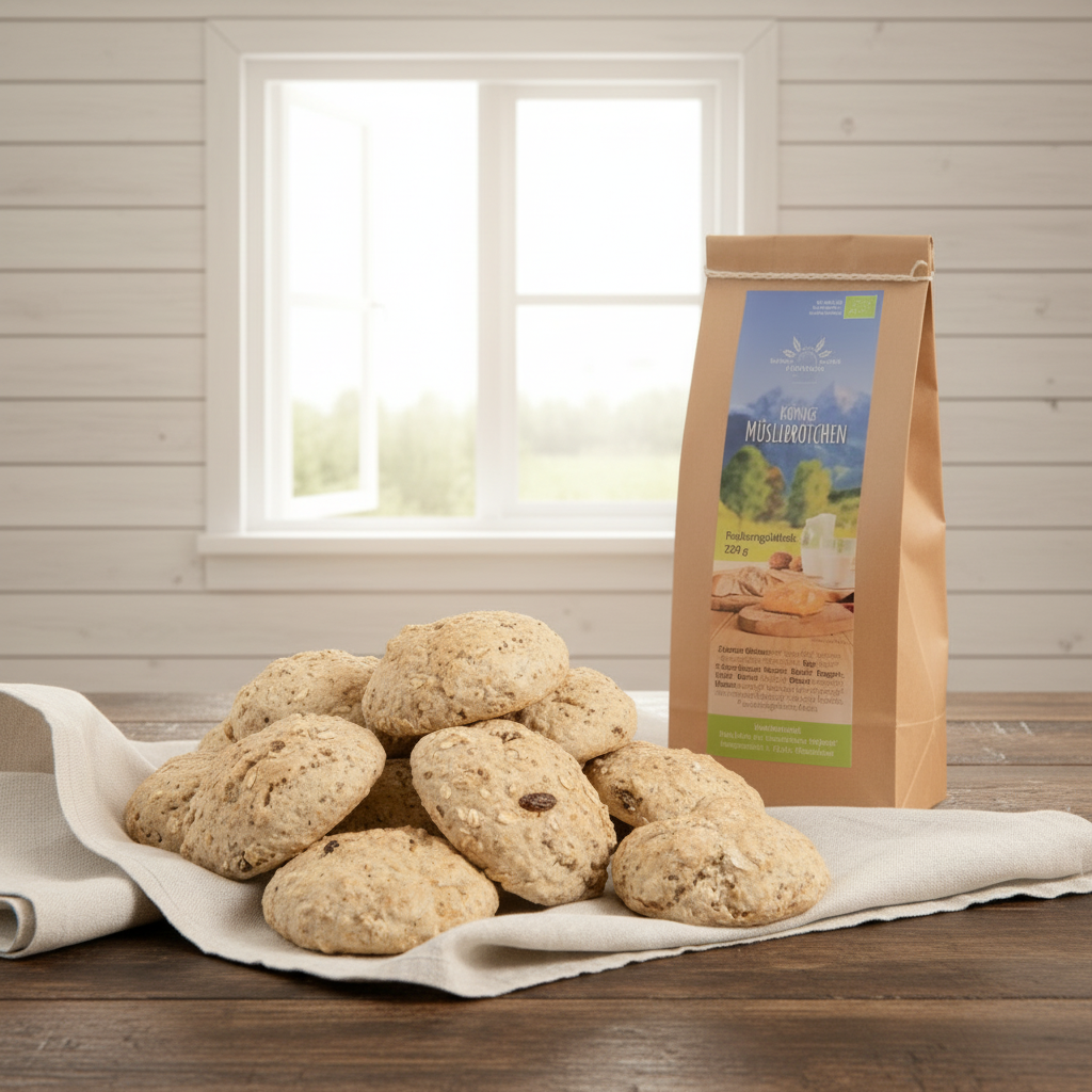 Müslibrötchen weiße Holzbretter Fenster